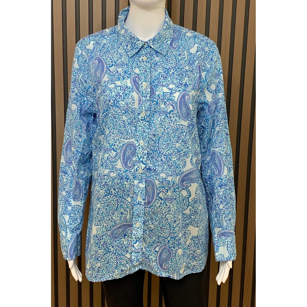 Talbots Women's Blue White Paisley Cotton Button Down Shirt Long Sleeve Size L